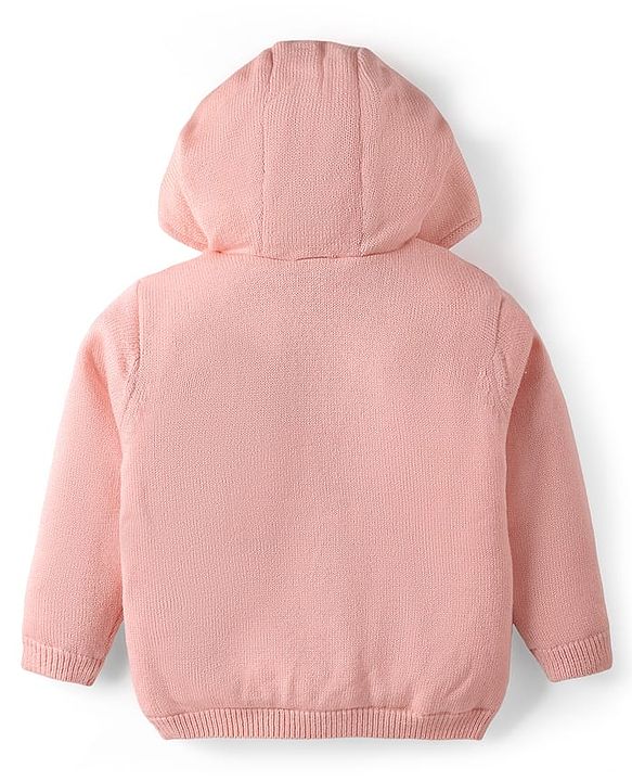 Babyhug Knitted Full Sleeves Front Open Hooded Sweater With Floral & Bird Embroidery - Pink