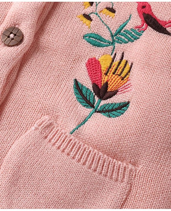 Babyhug Knitted Full Sleeves Front Open Hooded Sweater With Floral & Bird Embroidery - Pink