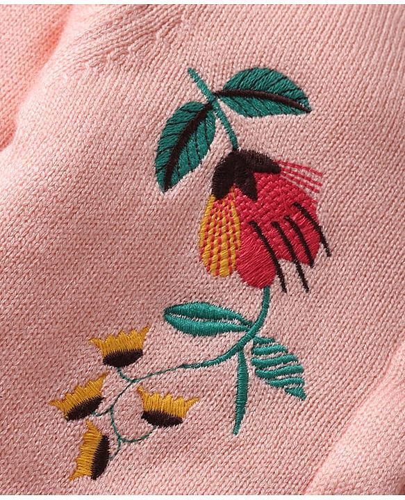 Babyhug Knitted Full Sleeves Front Open Hooded Sweater With Floral & Bird Embroidery - Pink