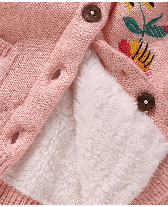 Babyhug Knitted Full Sleeves Front Open Hooded Sweater With Floral & Bird Embroidery - Pink