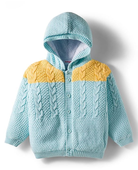 Babyhug Knit Full Sleeves Front Open Hooded Sweater with Cable Knit Design - Aqua Blue