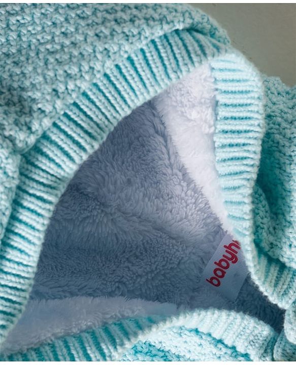 Babyhug Knit Full Sleeves Front Open Hooded Sweater with Cable Knit Design - Aqua Blue