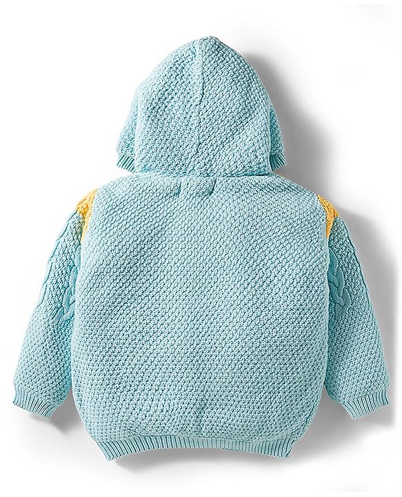 Babyhug Knit Full Sleeves Front Open Hooded Sweater with Cable Knit Design - Aqua Blue