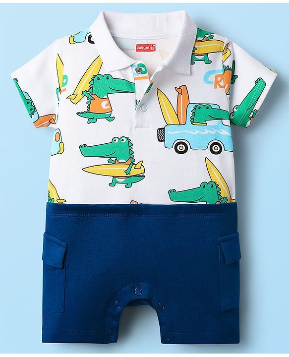 Babyhug 100% Cotton Interlock Knit Romper With Dino Print - Blue & White