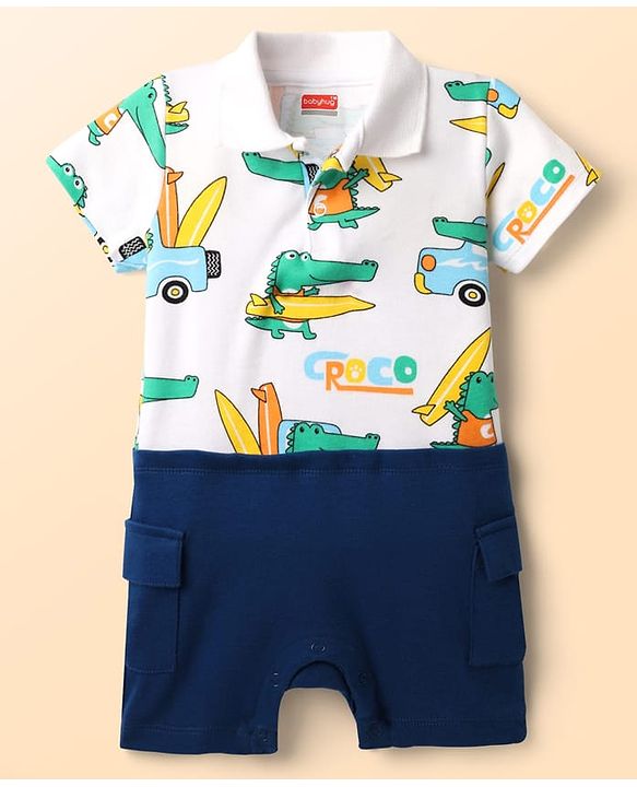 Babyhug 100% Cotton Interlock Knit Half Sleeves Romper with Dino Print - Navy Blue & White