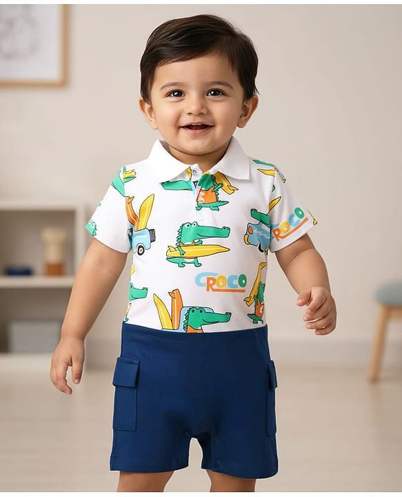 Babyhug 100% Cotton Interlock Knit Half Sleeves Romper with Dino Print - Navy Blue & White