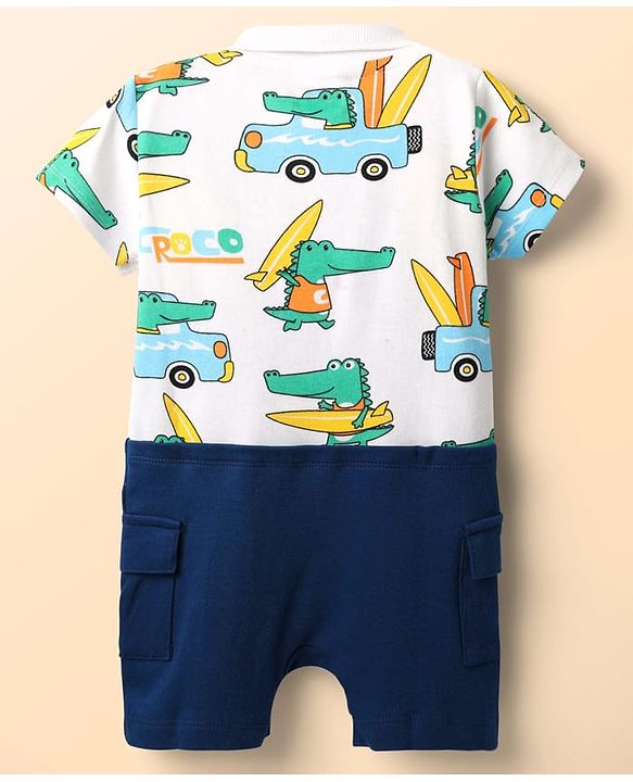Babyhug 100% Cotton Interlock Knit Half Sleeves Romper with Dino Print - Navy Blue & White