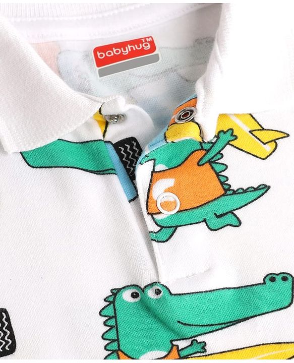 Babyhug 100% Cotton Interlock Knit Half Sleeves Romper with Dino Print - Navy Blue & White