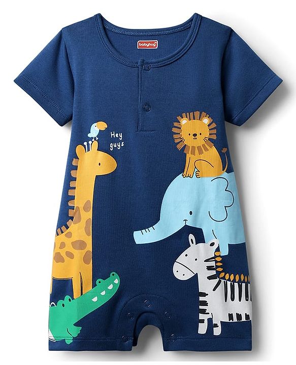Babyhug 100% Cotton Interlock Knit Half Sleeves Romper with Animal Print - Navy Blue
