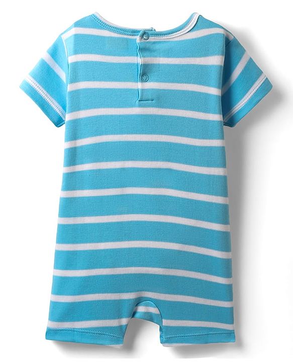 Babyhug 100% Cotton Knit Half Sleeves Striped Romper with Bear Print - Light Blue