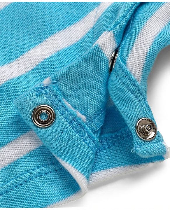 Babyhug 100% Cotton Knit Half Sleeves Striped Romper with Bear Print - Light Blue
