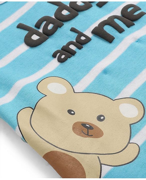 Babyhug 100% Cotton Knit Half Sleeves Striped Romper with Bear Print - Light Blue