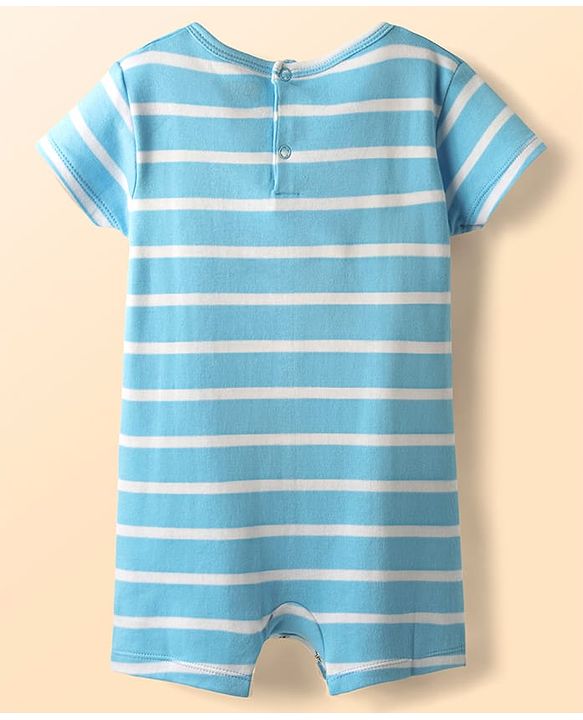 Babyhug 100% Cotton Knit Half Sleeves Striped Romper with Bear Print - Light Blue