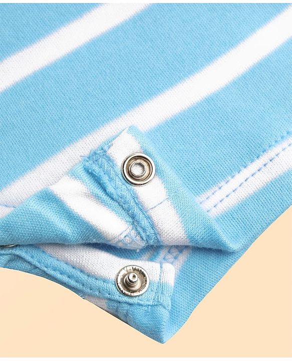 Babyhug 100% Cotton Knit Half Sleeves Striped Romper with Bear Print - Light Blue