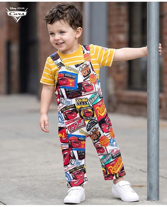 Babyhug Disney Single Jersey Knit Half Sleeve Tee & Dungaree Set with Stripe Design & Disney Pixar Cars Print - Multicolor