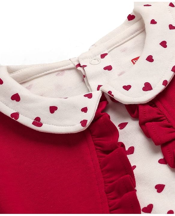 Babyhug 100% Cotton Cotton Knit Full Sleeves Romper with Attached Shrug & Heart Print - Red