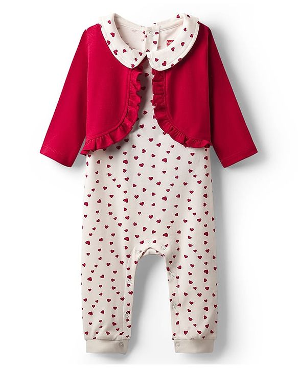 Babyhug 100% Cotton Cotton Knit Full Sleeves Romper with Attached Shrug & Heart Print - Red