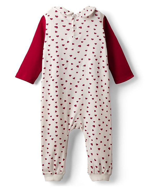 Babyhug 100% Cotton Cotton Knit Full Sleeves Romper with Attached Shrug & Heart Print - Red