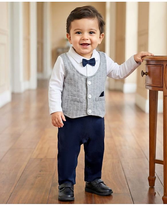 Babyhug 100% Cotton Full Sleeves Romper With Attached Waistcoat & Bow Applique - Navy Blue