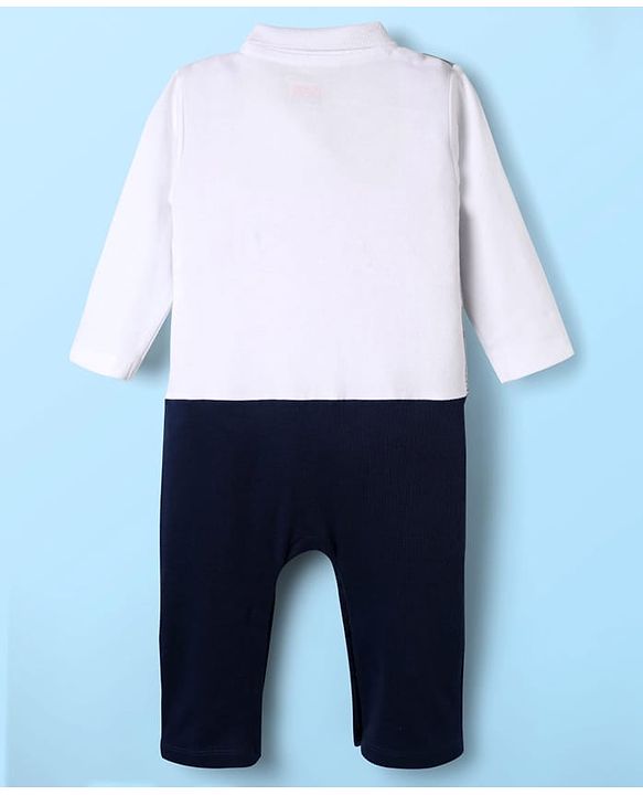 Babyhug 100% Cotton Full Sleeves Romper With Attached Waistcoat & Bow Applique - Navy Blue