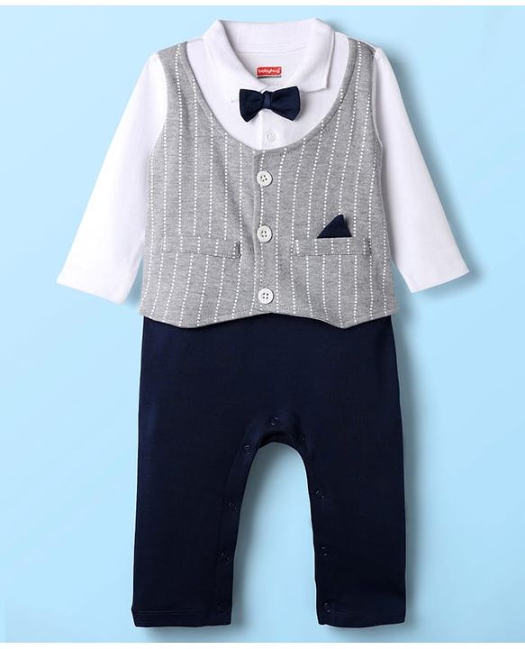 Babyhug 100% Cotton Full Sleeves Romper With Attached Waistcoat & Bow Applique - Navy Blue