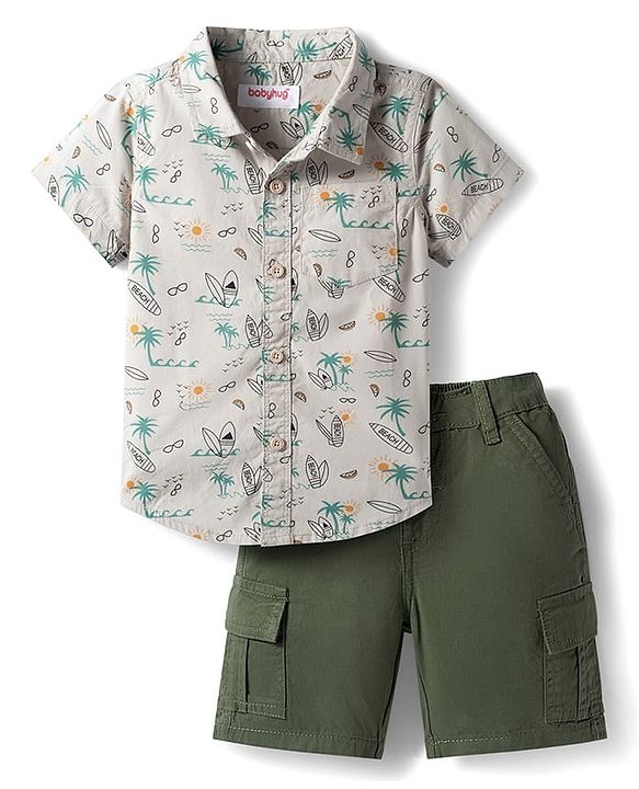 Babyhug Cotton Woven Half Sleeves Shirt & Shorts Set with Floral Print - White & Olive Green