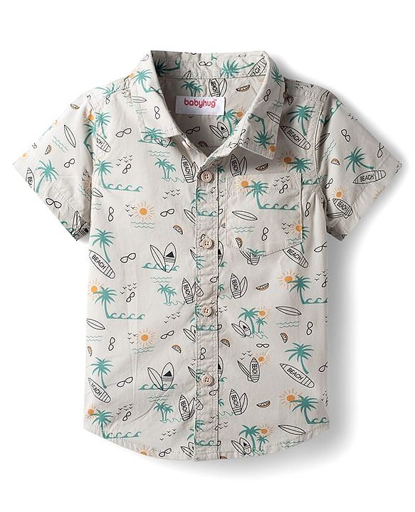 Babyhug Cotton Woven Half Sleeves Shirt & Shorts Set with Floral Print - White & Olive Green