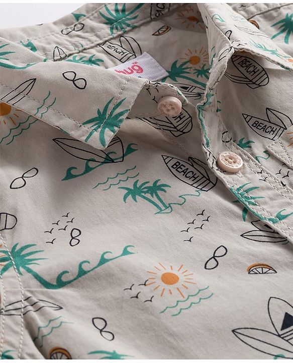 Babyhug Cotton Woven Half Sleeves Shirt & Shorts Set with Floral Print - White & Olive Green