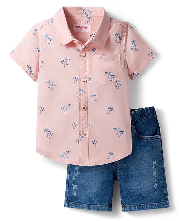 Babyhug Cotton Woven Half Sleeves Shirt & Shorts Set with Floral Print - Peach & Navy Blue