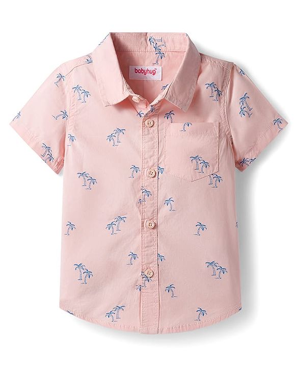 Babyhug Cotton Woven Half Sleeves Shirt & Shorts Set with Floral Print - Peach & Navy Blue