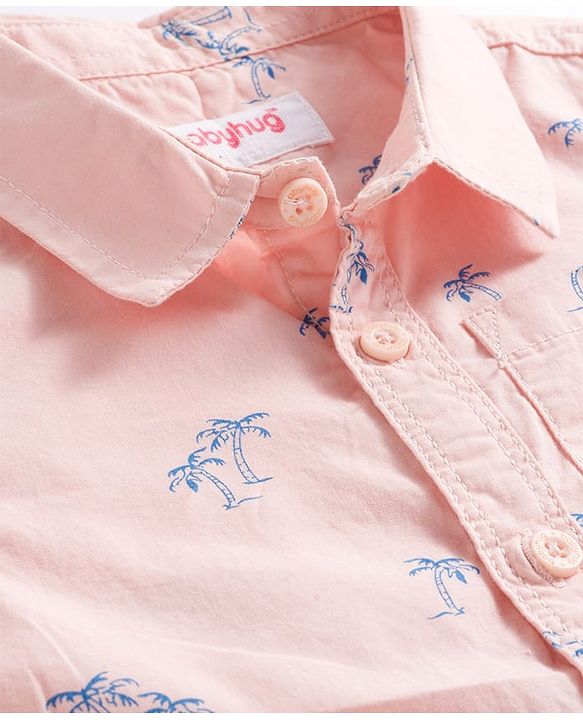 Babyhug Cotton Woven Half Sleeves Shirt & Shorts Set with Floral Print - Peach & Navy Blue