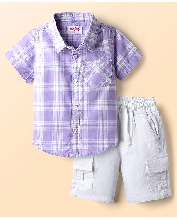 Babyhug Cotton Woven Half Sleeves Shirt and Short With Pockets & Checks - Purple
