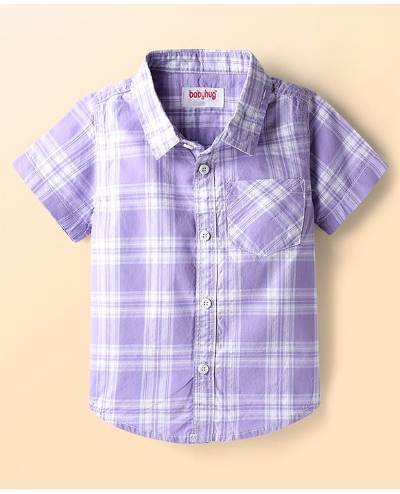 Babyhug Cotton Woven Half Sleeves Shirt and Short With Pockets & Checks - Purple