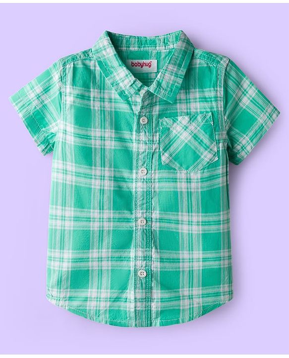 Babyhug Cotton Woven Half Sleeves Checks Shirt & Shorts Set - Green & White