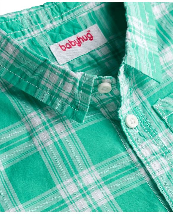 Babyhug Cotton Woven Half Sleeves Checks Shirt & Shorts Set - Green & White