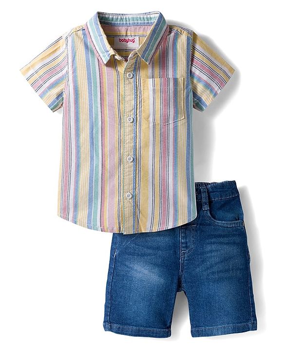 Babyhug Cotton Denim Half  Sleeves Shirt & Shorts Set With Stripes - Multicolour & Blue
