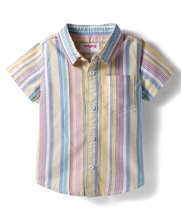 Babyhug Cotton Denim Half  Sleeves Shirt & Shorts Set With Stripes - Multicolour & Blue