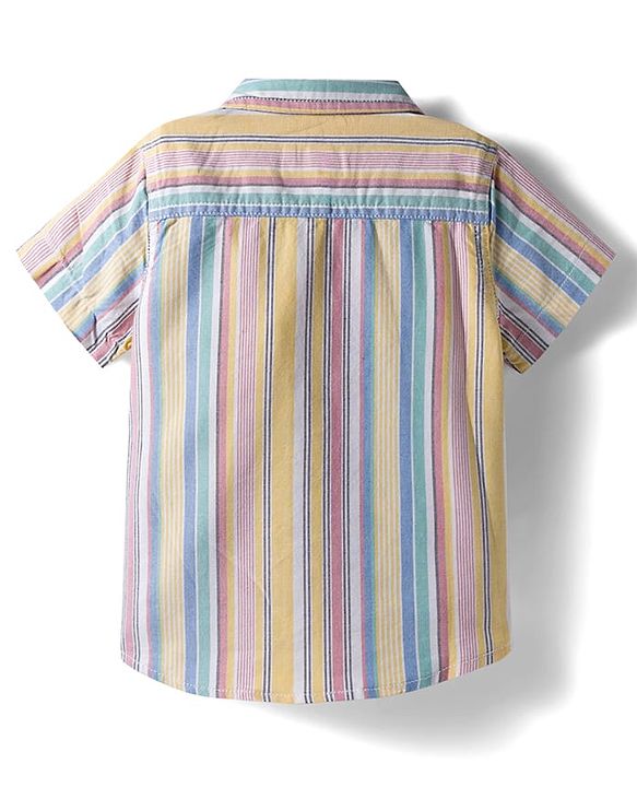 Babyhug Cotton Denim Half  Sleeves Shirt & Shorts Set With Stripes - Multicolour & Blue