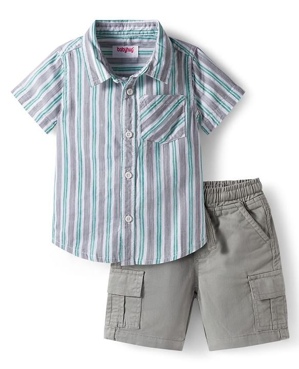 Babyhug Cotton Woven Half Sleeves Shirt and Short With Pockets & Stripes - Grey & Light Blue