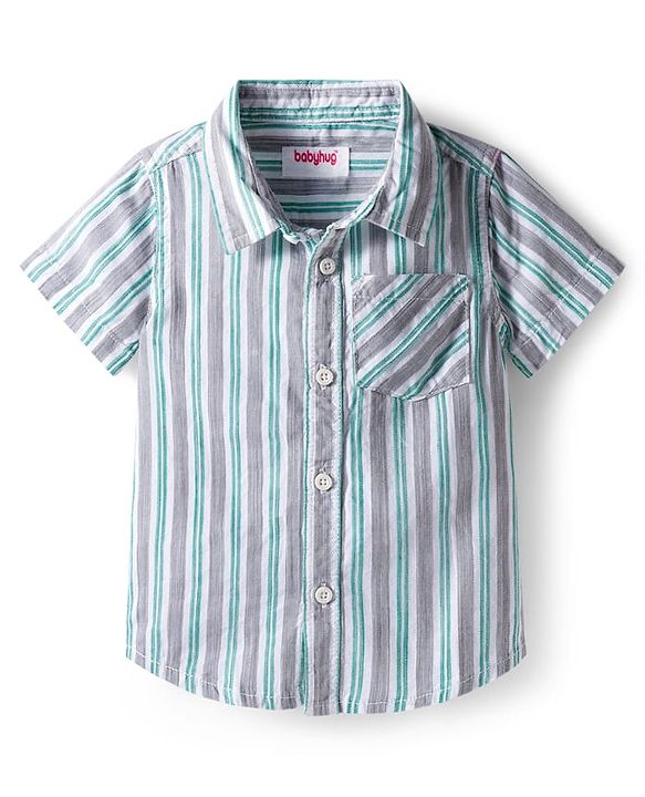 Babyhug Cotton Woven Half Sleeves Shirt and Short With Pockets & Stripes - Grey & Light Blue