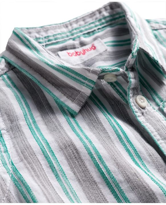 Babyhug Cotton Woven Half Sleeves Shirt and Short With Pockets & Stripes - Grey & Light Blue