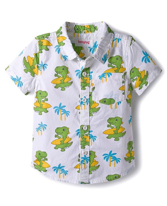 Babyhug Cotton Woven Half Sleeves Shirt & Denim Shorts Set With Dino Print - White & Blue