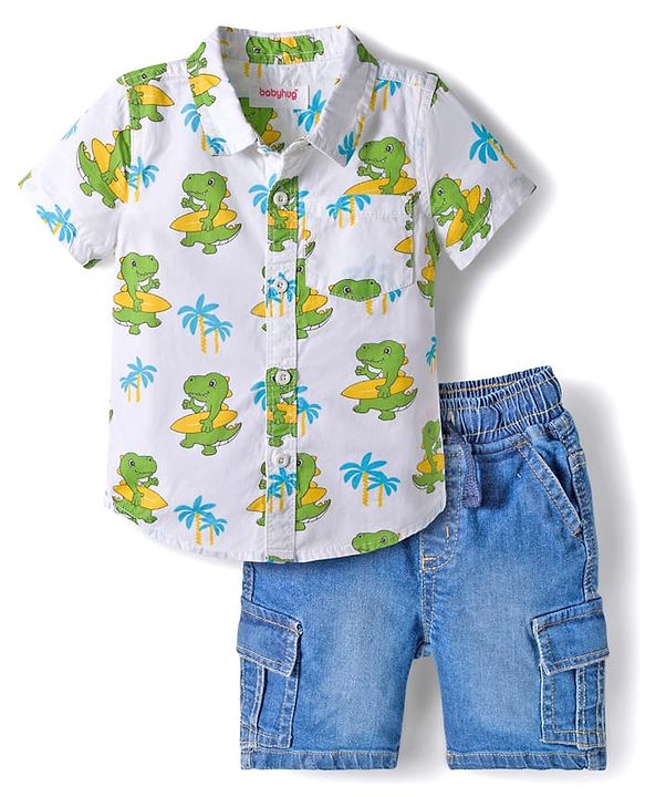 Babyhug Cotton Woven Half Sleeves Shirt & Denim Shorts Set With Dino Print - White & Blue