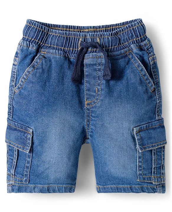 Babyhug Cotton Woven Half Sleeves Shirt & Denim Shorts Set With Dino Print - White & Blue