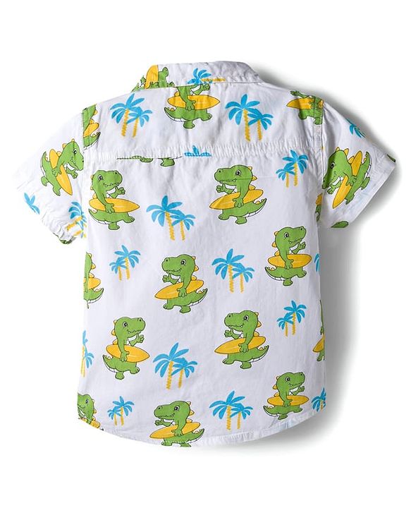 Babyhug Cotton Woven Half Sleeves Shirt & Denim Shorts Set With Dino Print - White & Blue