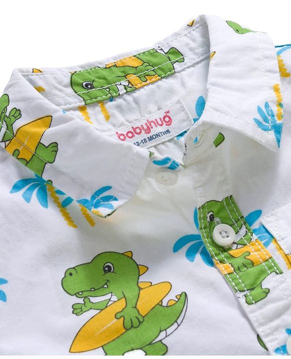 Babyhug Cotton Woven Half Sleeves Shirt & Denim Shorts Set With Dino Print - White & Blue