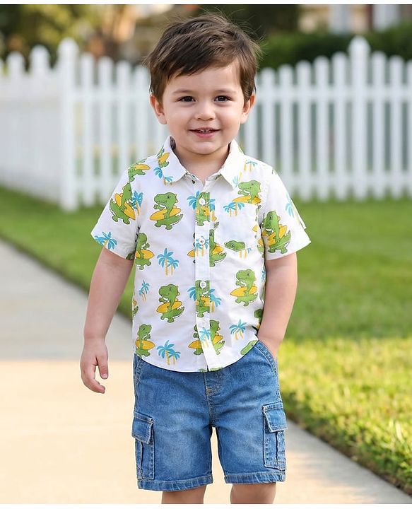 Babyhug Cotton Woven Half Sleeves Shirt & Denim Shorts Set With Dino Print - White & Blue