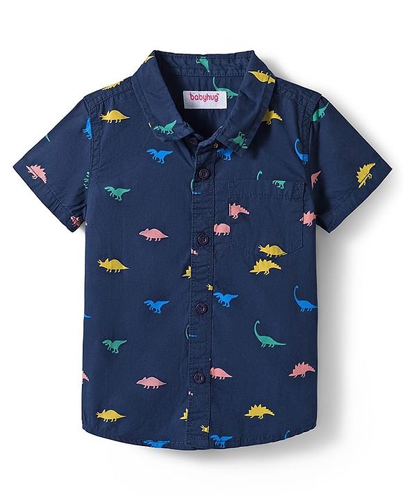 Babyhug Cotton Woven Half Sleeves Shirt & Denim Shorts Set With Dino Print - Blue