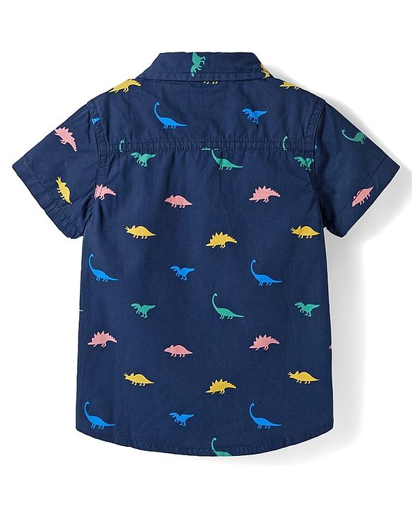 Babyhug Cotton Woven Half Sleeves Shirt & Denim Shorts Set With Dino Print - Blue