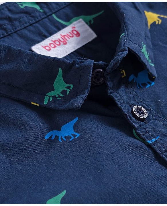 Babyhug Cotton Woven Half Sleeves Shirt & Denim Shorts Set With Dino Print - Blue